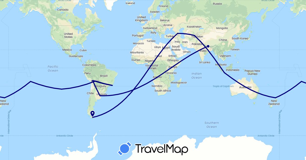TravelMap itinerary: driving in Argentina, Bolivia, Brazil, Chile, France, Georgia, Indonesia, Nepal, New Zealand, Uzbekistan (Asia, Europe, Oceania, South America)